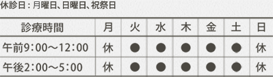 休診日:土曜日・日曜日・祝祭日、診療時間：午前9時〜12時 午後2時〜5時